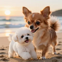 a photorealistic closeup image of a cute brown long haired chihuahua cocker spaniel dog playing with a happy white bichon frise puppy on the beach. sunset, surf. brightly lit. extreme detail. unreal engine