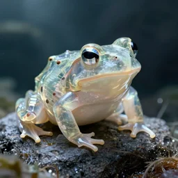 macro photo of transparent and luminous fat frog with tentacles like a jellyfish, photorealism, octane, hard focus, vray