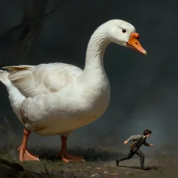 a horror art of gargantuan goose chasing a tiny man, very dreadful goose, matte painting, dnd, trending on artstation, volumetric lighting, realistic shaded, zdislaw beksinski, spooky, horror art, panic, dread, terror