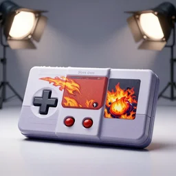 A commercial photo of a super-nintendo with a fire weapon painting, studio background, studio lighting, photorealistic, octane render, 8K, highly detailed, high quality, product photo
