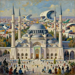 a beautiful painting of islamic architecture, crowded people, game of thrones style, city landscape, zaha hadid, louis kahn, fantasy, futuristic, by yves tanguy, trending on artstation, unreal engine