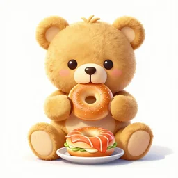 cute fluffy happy golden teddy bear eating bagels and lox for breakfast, 3 d adobe illustrator vector art detailed 4 k richard scary illustration