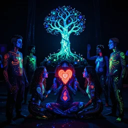 love, people with glowing body paint, rebirth symbolism, wide angle, cinematic atmosphere, elaborate, UV, Blacklight, highly detailed, dramatic lighting