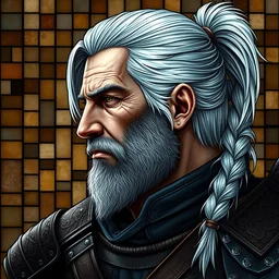 beautiful and detailed portrait of geralt from the witcher 3, profile view, side view, white hair in a half ponytail, scar on forehead, kaer morhen armor, brown mosaic background, stained glass art, by alphone mucha, very masterful