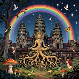 samadhi, enchanted cosmic forest, roots from angkor wat, mushrooms on the ground, small fairies, stars in the sky, butterflies, rainbows, vector art, optical illusion, heavenly, 4 k, fantasy poster by frank frazetta and salvador dali