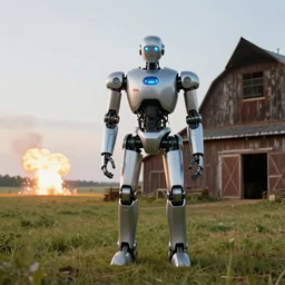 Amazing photorealistic digital concept art of a guardian robot in a rural setting by a barn, by James Clyne and Joseph Cross. Cinematic. LED lighting. A bright billowing explosion in the distance. Wide angle. Clean lines. Balanced composition.