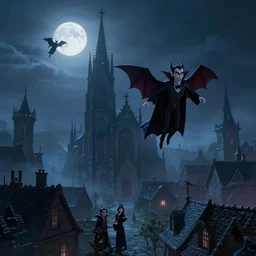 vampires flying in the night over a gothic village with a goth church in the background, foggy, from the animated film by Sony Imageworks, Craig Mullins, Robh Ruppel, Yun Ling, Vaughan Ling, Neil Ross, Peter Chan, dramatic lighting, full moon