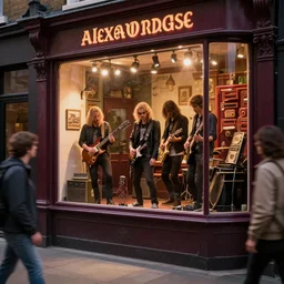 Rock band playing in the vintage store window, vintage showcase, people stop looking at that showcase, London comercial street, by Alexander Jasson, CGI, Render, photorealistic, Unreal engine 5 - W 1024