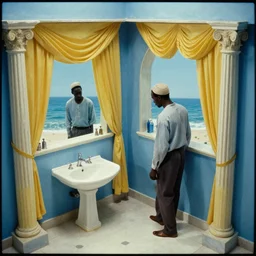 movie still by djibril diop mambety of a non - euclidian blue neoclassical bathroom with yellow drapery with columns next to the ocean, cinestill 8 0 0 t 3 5 mm, heavy grain, high quality, high detail, isometric view