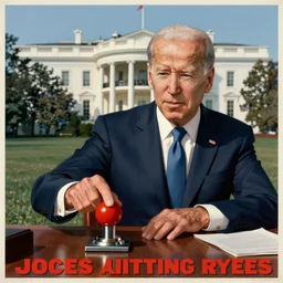 soviet propaganda poster of joe biden about to press a big red button on his desk, at the white house