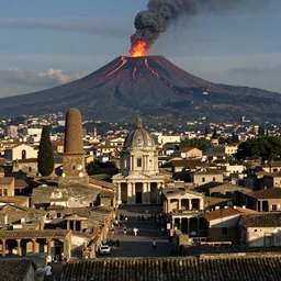 Grand Pompeii city facing the erupting volcano, by Sebastian Luca photorealistic cinematic volume lighting