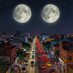 cyberpunk dhaka city under twin moons, Dhaka traffic, Old Dhaka, Bangladesh, realistic painting, classical painting, high definition, digital art, matte painting, vibrant, mystical, fantasy art, very detailed, realistic