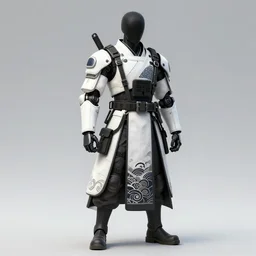 cyborg with white and black ancestral ornate japanese tactical gear, long shot, by irving penn and storm thorgerson, madhouse studios, ren heng, peter elson, alvar aalto, makoto shinkai