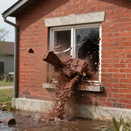 a wild river explosion made out of chocolate breaking out a window of a small building with a red brick fassade