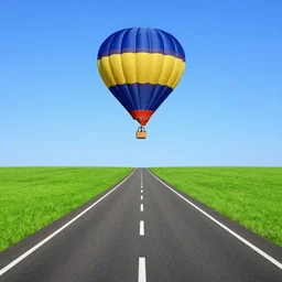 straight road with hot - air balloon at the end of vanishing point, basic colors, simple grass and sky