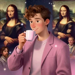 portrait of a ( ( ( grande y rosa una taza de cafe ) ) ), ( ( dotado futuristic guapo y joven espanol alegre ) ), tomande cafe, lleno de estrellas y magia, concept character, by filip hodas and da vinci and botticelli and bob ross and bierstadt and remingto, trending on artstation
