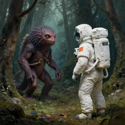 an astronaut comes a across a strange creature in a forest, a detailed matte painting by frieke janssens, featured on cgsociety, space art, matte painting, matte drawing
