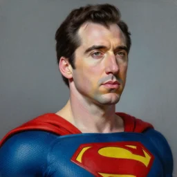 portrait of nicolas cage as superman looking away from the camera, intricate, hyperrealistic, extremely detailed oil painting by simon stalenhag and greg rutkowski, artstation