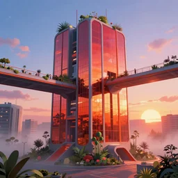 highly detailed futuristic architecture by le corbusier, reflective lighting, stylized vegetation, sky bridges, ground - level view, foggy atmosphere, stunning sunny lighting, sunrise, vivid colors, in the style of pixar animation, trending on artstation, 8 k, matte painting, ray tracing, hyper detailed, unreal engine 5, cinematic, epic lighting, cryengine, octane render, cyberpunk, red and orange glow, vibrant