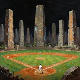 a baseball game surrounded by ancient monoliths with glowing runes. highly detailed science fiction painting by norman rockwell, frank frazetta, and syd mead. rich colors, high contrast, gloomy atmosphere, dark background. trending on artstation