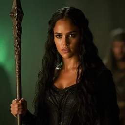 epic photo of young jessica alba as beautiful medieval sorceress with very long black hair, battle scene, holding her wizard staff, sweaty, neutral expression, perfect likeness, rim light glow, low contrast, soft light, low light, green hue, shallow depth of field, photorealistic, cinematic lighting, lovely bokeh, warm colours, night time, movie quality, green glow from the left, excalibur 1 9 8 5, movie still, cinemascope