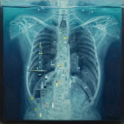 x - ray radiology scan, hyper detailed 3 d render like a oil painting of a underwater city in carbonated water by jacek yerka, mariusz lewandowski, houdini algorithmic generative render, abstract brush strokes, masterpiece, edward hopper and james gilleard, zdzislaw beksinski, mark ryden, wolfgang lettl, dan hiller, hints of yayoi kasuma, octane render, 8 ktrending on artstation, photography portrait