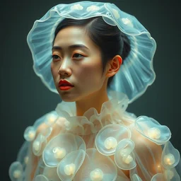 asian female wearing a luminous jelly fish armor. soft. fragile. by ray caesar. by louise dahl - wolfe. by andrea kowch. by anna claren. surreal photography