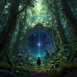 intergalactic stargate portal in the middle of a dense forest, with light shining through the trees and strange creatures lurking in the shadows by zhang kechun and mike mignola