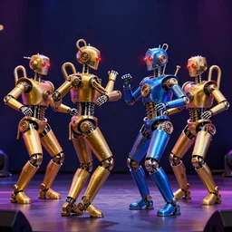 scene from the voice of america, on stage are 4 golden and blue metal humanoid steampunk robots dancing, robots are wearing and gears and tubes, eyes are glowing red lightbulbs, shiny crisp finish, 3 d render, 8 k, insaneley detailed, fluorescent colors, nightlight