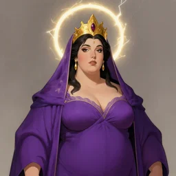 portrait of plump female sorceress, golden tiara, purple robe and veil, lightning halo, strong line, muted color, beautiful! coherent! by frank frazetta, by boris vallejo