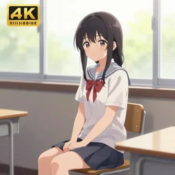 Anime girl sitting next to a window in class, digital art, 4K, pixiv