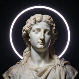a neon circle surrounding the head of a renaissance statue