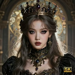 beautiful and luxury and victorian and gothic and dieselpunk young medieval dark crown princess portrait like blackpink lisa + smoky eyes + front face with light flowing hair, ultradetail face, art and illustration by tian zi and craig mullins and wlop and alphonse mucha, fantasy, intricate complexity, human structurefantasy character concept, watermark, blurry, hyperrealism 8 k