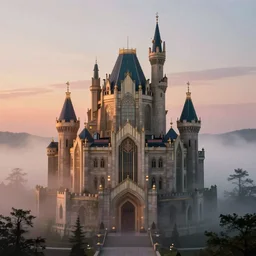a highly detailed photo of an art - deco inspired castle surrounded by a mist shot during sunset on 3 0 mm film painted by alena aenami, rendered in unreal engine