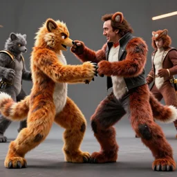 nicolas cage beating up furry cosplayers, 8 k, octane render, choreographed fight scene, composition,