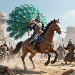 A powerful warlord with peacock armor on a horse going to war, abandoned, fallen warriors, last man standing, intricate detailed, innovation, bright modern style, artstation, depth of field, ambient lighting, award winning, stunning, very coherent symmetrical artwork, cinematic, hyper realism, high detail, octane render, unreal engine, 8k, Vibrant colors, Smooth gradients, High contrast, trending on artstation