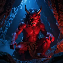 Japanese demon oni in a blue cave , red ligth, by Greg Rutkowski , 8k, photorealistic, cinematic lighting, HD, high details, dramatic, atmospheric , trending on artstation