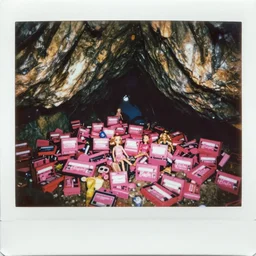 instax polaroid film photo of thousands of pink barbie VHS tapes and dolls found in a cave, nostalgia, faded glow, expired film analog photography, saturated pointillism
