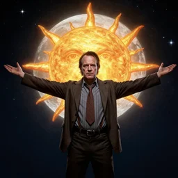 the image of ted bundy with outstretched arms between the moon and the sun and a thousand stars ultra realistic, concept art, intricate details, serious, highly detailed, photorealistic, octane render, 8 k, unreal engine, art by todd mcfarlane and artgerm and greg rutkowski and alphonse mucha