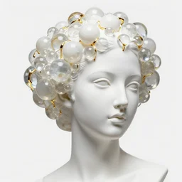 full head and shoulders, beautiful female white, porcelain sculpture by daniel arsham and james jean, on a white background, delicate facial features, white eyes, white lashes, lots of 3 d perspex spheres attached to head with gold liquid flowing