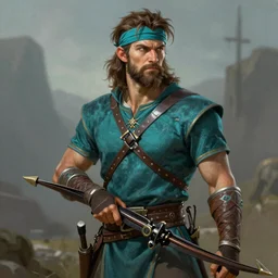 A striking epic realism comic book style portait painting of an arrogant half-elf ranger, teal tunic, teal headband, shaggy brown hair, scruffy beard, holding crossbow, D&D Concept Art, unreal 5, DAZ, hyperrealistic, octane render, cosplay, RPG portrait, dynamic lighting