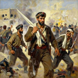 Intense vibrant film still of the Kurdish soldiers in the battle of Kobani, oil painting by John Singer Sargent, Adrian Smith, Greg Rutkowski, Trending on Artstation, incredible detail