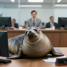 a highly detail picture of a crabeater seal snoring in the offices of a very serious - looking company