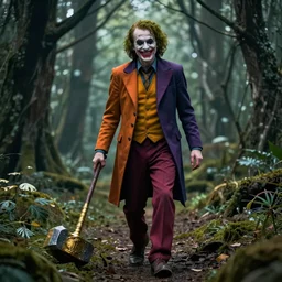 robert de niro as medieval joker, crazy colorful clothing, a heavy golden mace in his hands, wandering through a forbidden forest, trending on artstation, style of peter mohrbacher, octane render, unreal engine