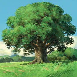 giant ash tree on landfield, gouache backdrop film still by studio ghibli miyazaki ghibli