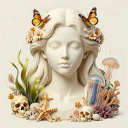 hyperrealistic detailed portrait of ivory beautiful symmetric girl, with flowers, butterflies, corals, sea kelp, sea plants, starfish, jellyfish, bacteria, skulls, golden filigree, art by ernst haeckel, john william godward, hammershøi, alphons mucha, pontormo, ornamental, decorative, art nouveau pattern, deep pastel colours,