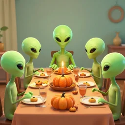 aliens making first contact with humans and having a thanksgiving style feast with a table full of pizza, hamburgers, and fried chicken. digital art. faded colors. americana.