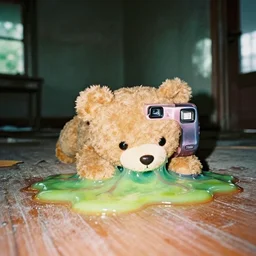 1 9 9 3, disposable camera, flash, pov, old abandoned house, cute teddy bear creature, crawling, ooze, slime, veins, wet