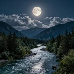[ moonlit river ]! surrounded by [ mountains and forests ]! with a [ dark sky and cumulonimbus clouds and a small moon ]!, 4 k photorealism!! art style, landscape! art, artstation landscape, award winning, unsplash! contest winner