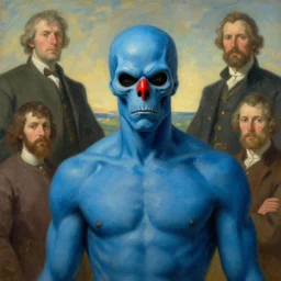 a portrait of a blue-skinned male character whose skin is blue, nose of Red Skull, in a scenic environment by Ross Tran and by Jesper Ejsing and by Mikalojus Konstantinas Ciurlionis